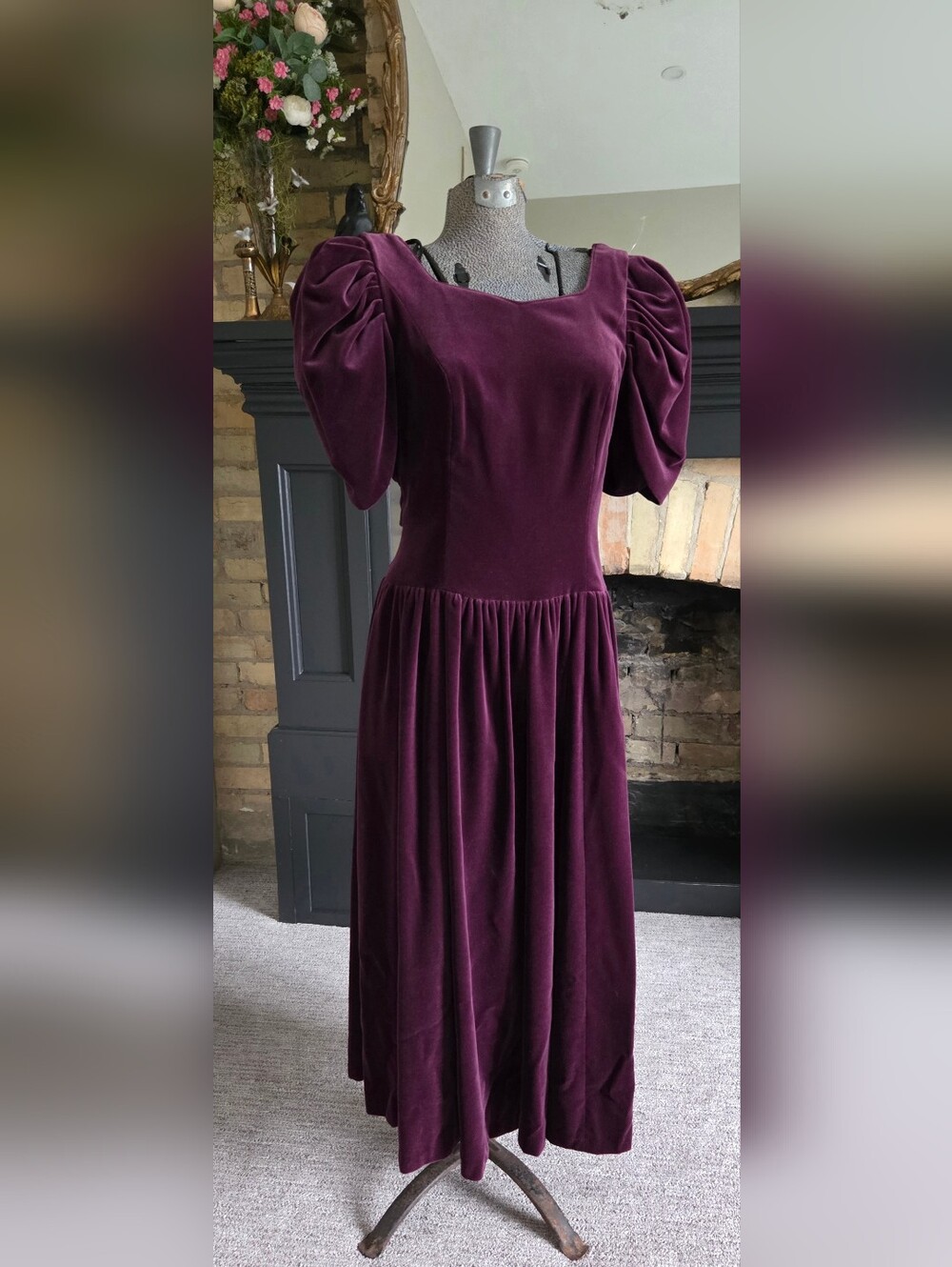 Vintage Laura Ashley Deep Plum Velvet Puff-Sleeve Midi Dress